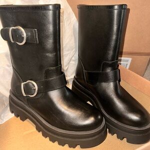 🎄 Anthropologie Leather Buckle Motorcycle Boots NIB